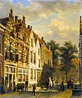 Figures in the Sunlit Streets of a Dutch Town by Cornelis Springer
